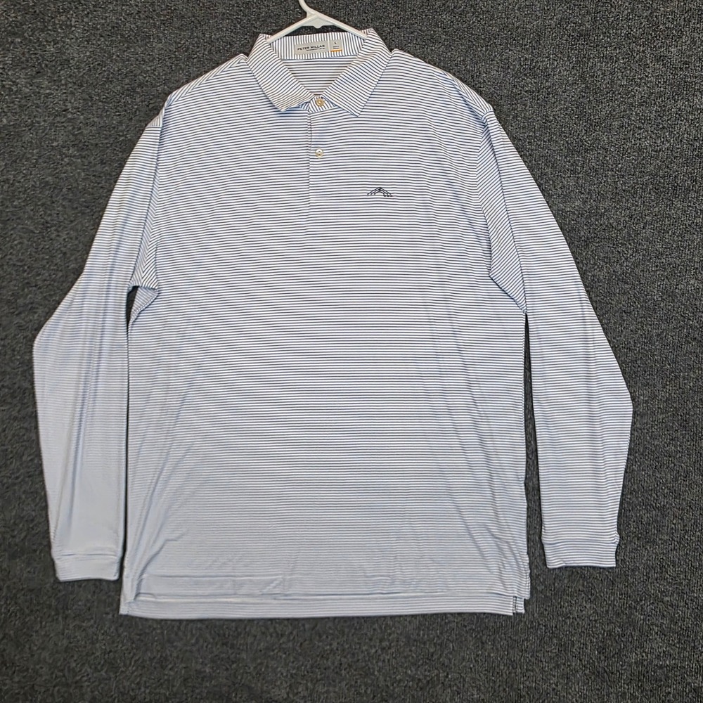 Peter Millar Polo Shirt Men L Blue Stripe Featherweight Long Sleeve UPF 50+ LOGO